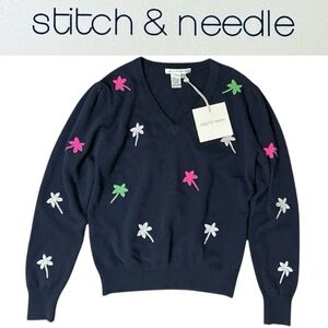 Stitch & Needle 100% Cashmere V-Neck Palm Tree pullover Sweater NWT size Small